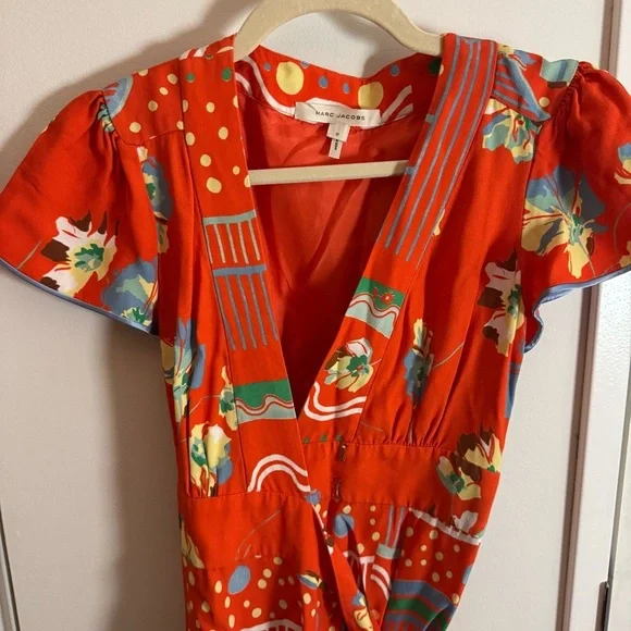 Marc Jacobs Silk Lined Red Print Wrap Midi Dress - Picture 3 of 5